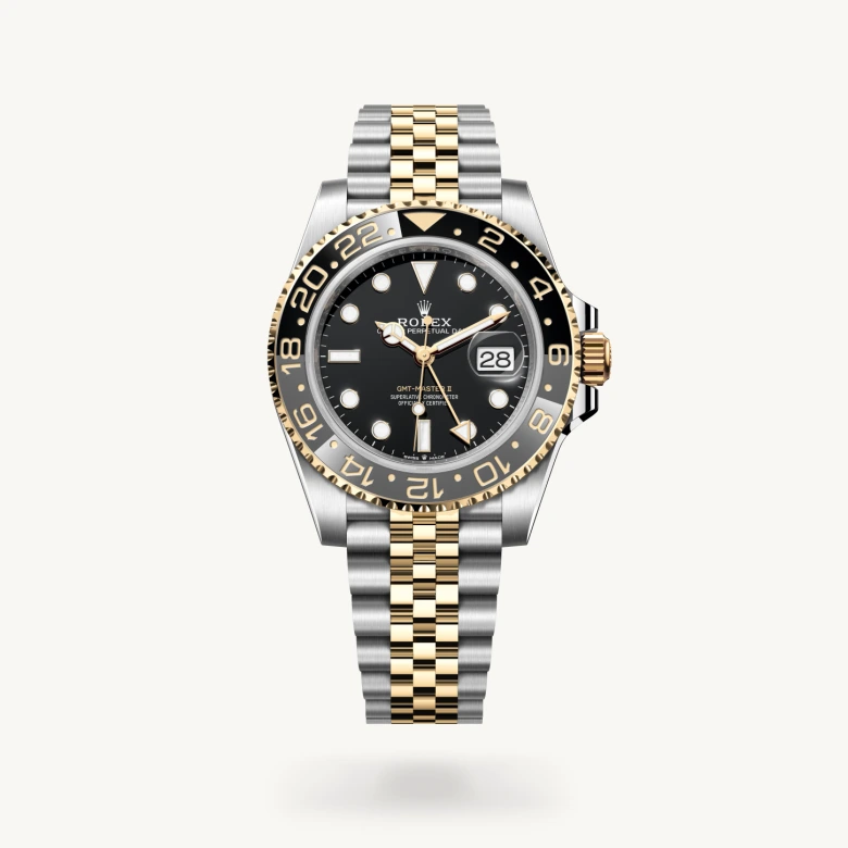 Rolex GMT-Master II in Yellow Rolesor - combination of Oystersteel and yellow gold with Black dial, Bidirectional rotatable 24-hour graduated bezel. Two-colour grey and black Cerachrom insert in ceramic, moulded numerals and graduations bezel, and Yellow Rolesor - combination of Oystersteel and yellow gold bracelet
