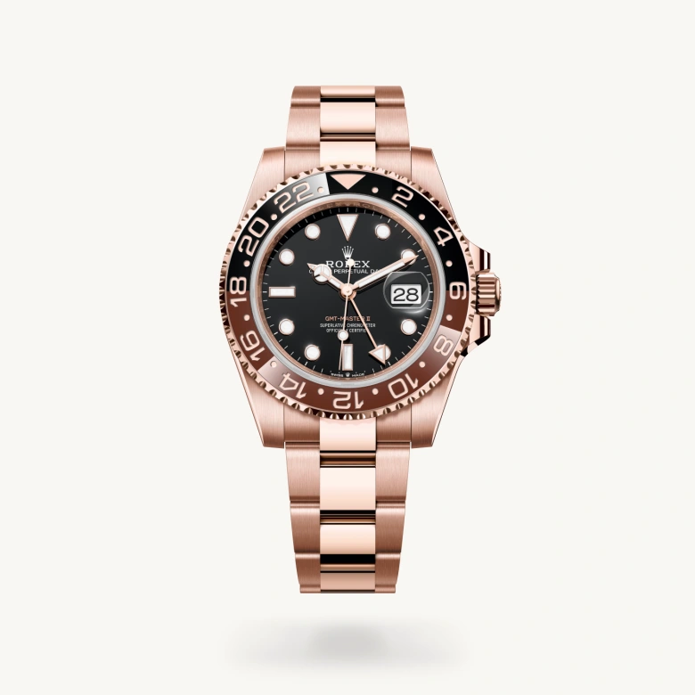 Rolex GMT-Master II in 18 ct Everose gold with Black dial, Bidirectional rotatable 24-hour graduated bezel. Two-colour brown and black Cerachrom insert in ceramic, moulded numerals and graduations bezel, and Oyster, three-piece solid links bracelet