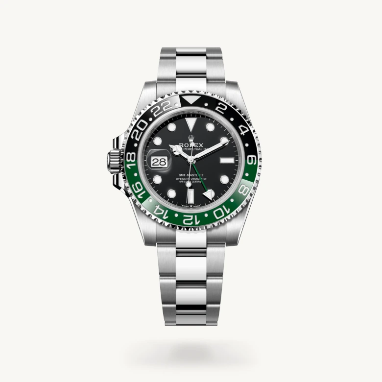 Rolex GMT-Master II in Oystersteel with Black dial, Bidirectional rotatable 24-hour graduated bezel. Two-colour green and black Cerachrom insert in ceramic, moulded numerals and graduations bezel, and Oystersteel bracelet