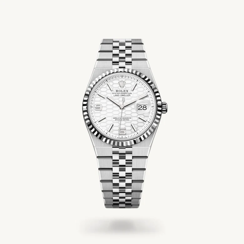 Rolex Land-Dweller 36 in White Rolesor - combination of Oystersteel and white gold with Intense white, honeycomb motif dial, Fluted bezel, and Oystersteel bracelet