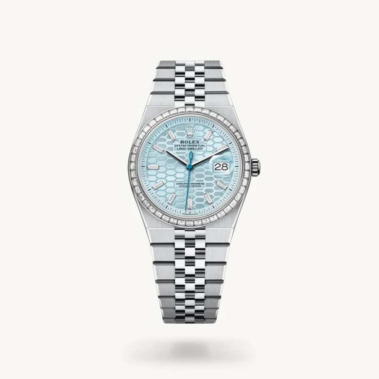 Rolex Land-Dweller 36 in Platinum with Ice blue, honeycomb motif set with diamonds dial, Set with diamonds bezel, and Platinum bracelet