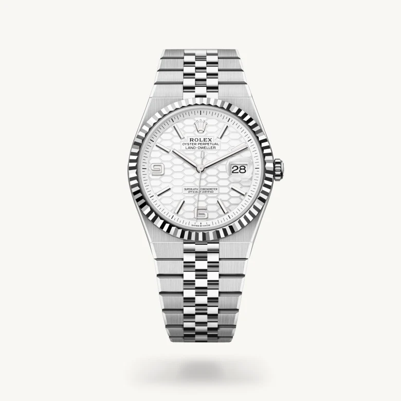 Rolex Land-Dweller 40 in White Rolesor - combination of Oystersteel and white gold with Intense white, honeycomb motif dial, Fluted bezel, and Oystersteel bracelet