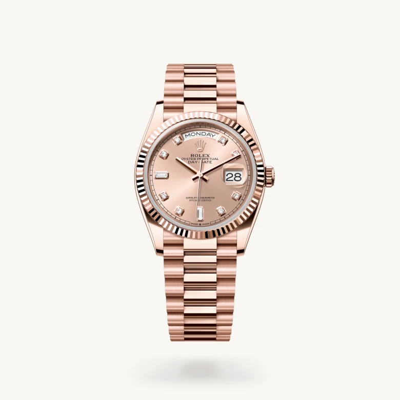 Rolex Day-Date 36 in 18 ct Everose gold with Rosé-colour set with diamonds dial, Fluted bezel, and 18 ct Everose gold bracelet