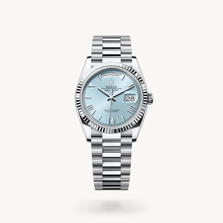 Rolex Day-Date 36 in Platinum with Ice blue dial, Fluted bezel, and Platinum bracelet