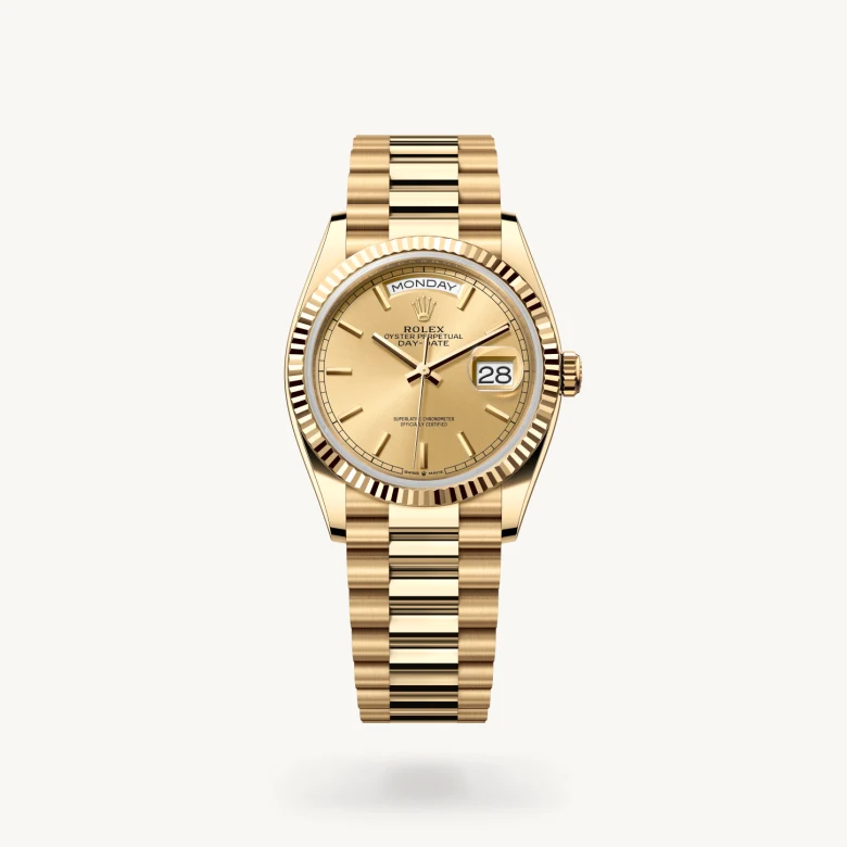 Rolex Day-Date 36 in 18 ct yellow gold with Champagne-colour dial, Fluted bezel, and 18 ct yellow gold bracelet
