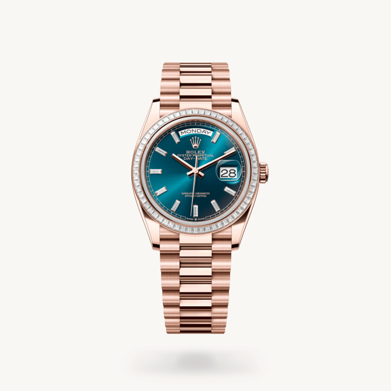 Rolex Day-Date 36 in 18 ct Everose gold with Blue-green set with diamonds dial, Set with diamonds bezel, and 18 ct Everose gold bracelet