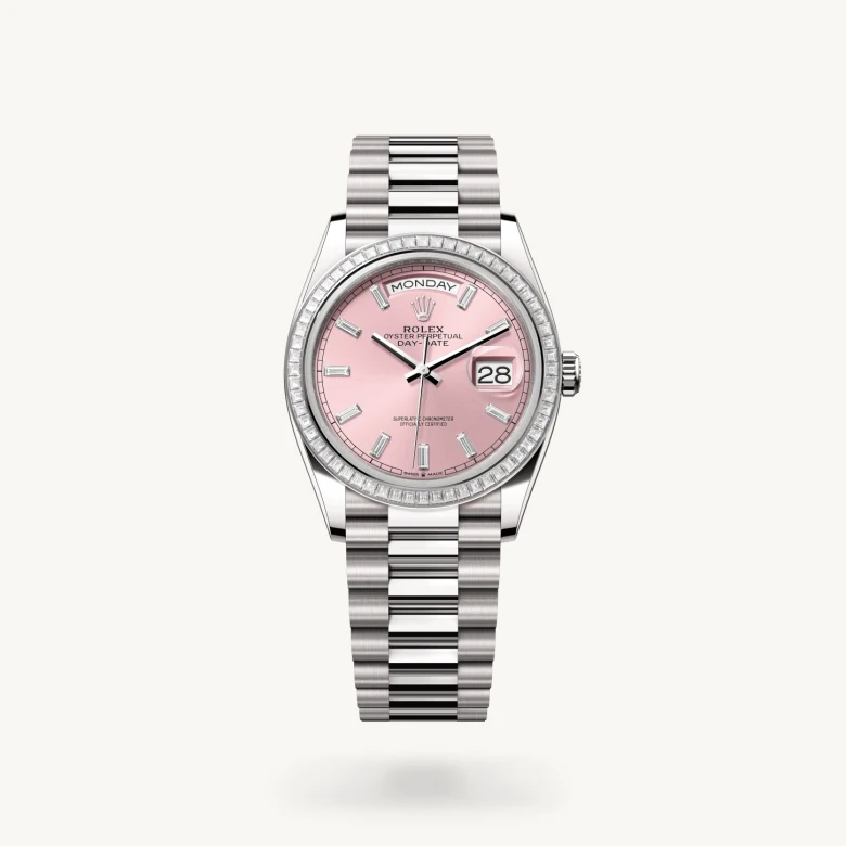 Rolex Day-Date 36 in 18 ct white gold with Pink set with diamonds dial, Set with diamonds bezel, and 18 ct white gold bracelet