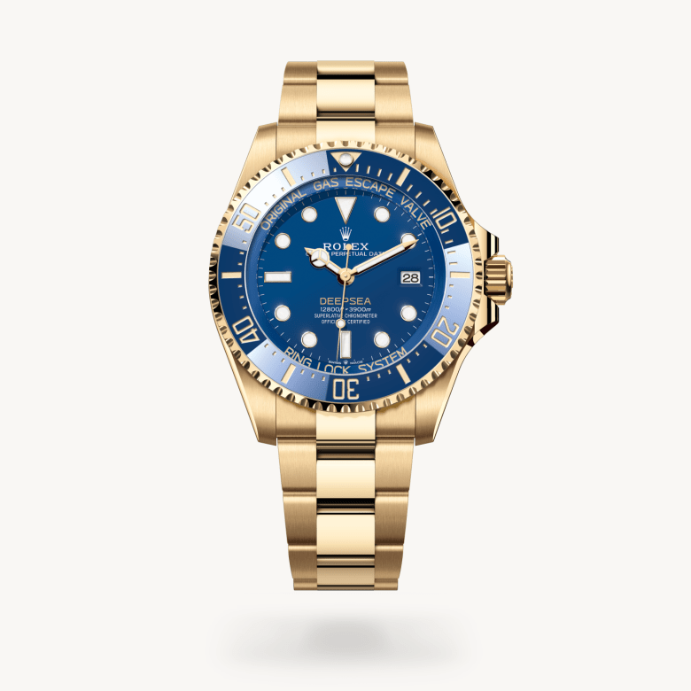 Rolex Rolex Deepsea in 18 ct yellow gold with Blue dial, Unidirectional rotatable 60-minute graduated, scratch-resistant Cerachrom insert in blue ceramic, numerals and graduations coated in gold bezel, and 18 ct yellow gold bracelet
