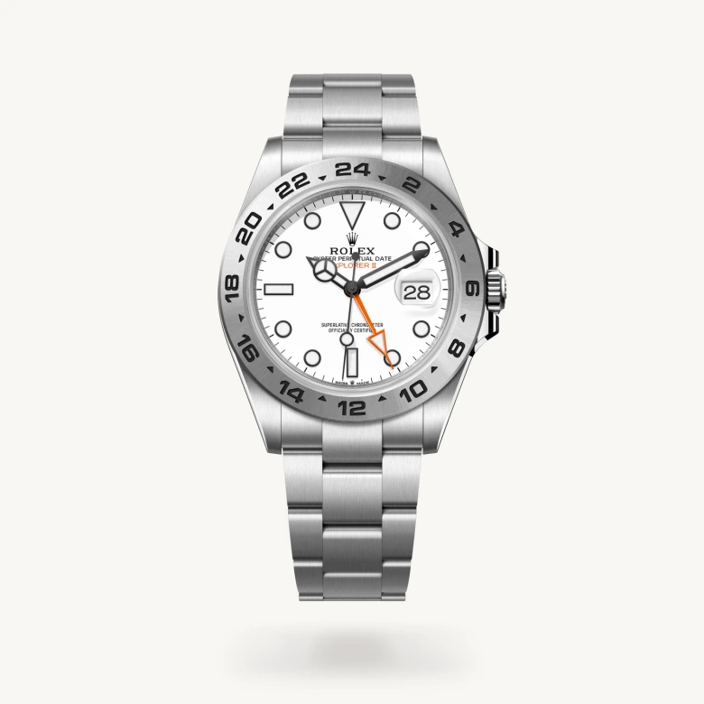 Rolex Explorer II in Oystersteel with White dial, Fixed, 24-hour graduated bezel, and Oystersteel bracelet