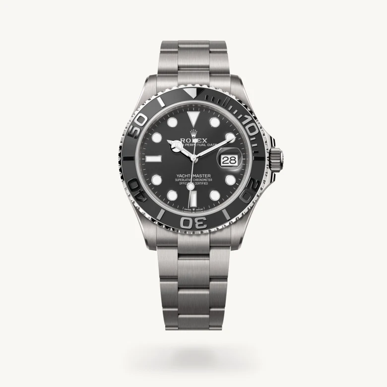 Rolex Yacht-Master 42 in RLX titanium with Intense black dial, Bidirectional rotatable 60-minute graduated bezel with matt black Cerachrom insert in ceramic, polished raised numerals and graduations bezel, and RLX titanium bracelet