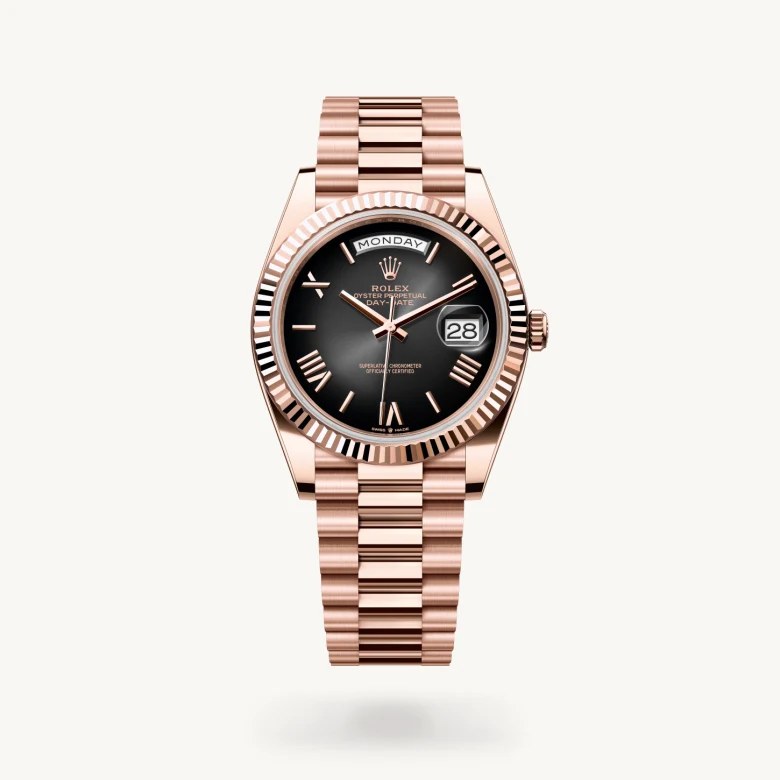 Rolex Day-Date 40 in 18 ct Everose gold with Slate ombré dial, Fluted bezel, and 18 ct Everose gold bracelet