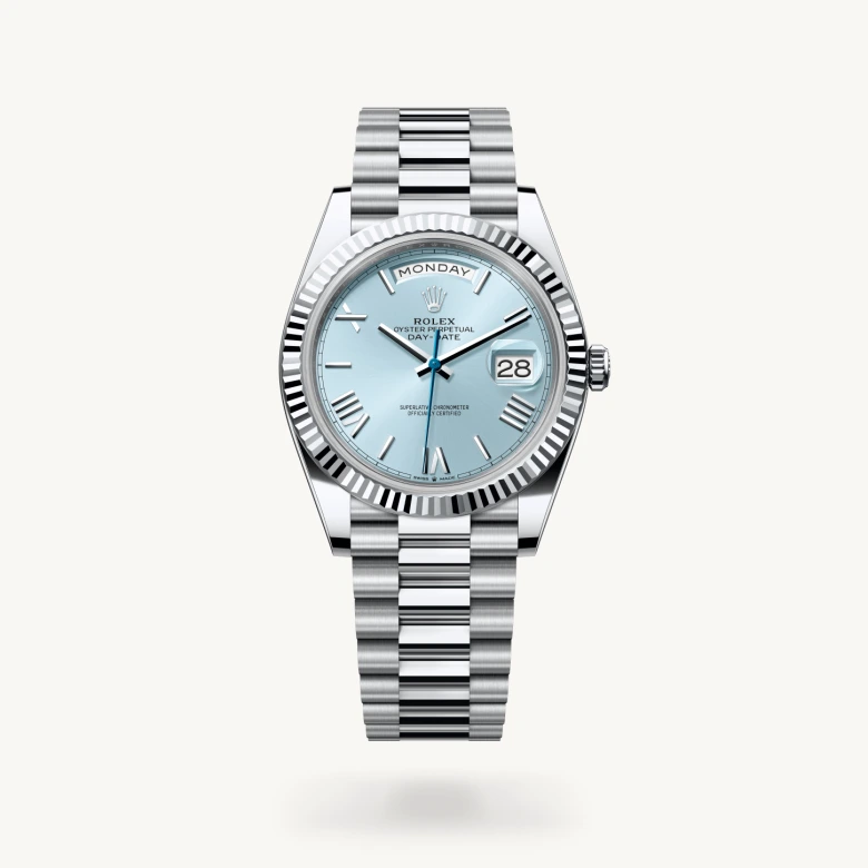 Rolex Day-Date 40 in Platinum with Ice blue dial, Fluted bezel, and Platinum bracelet