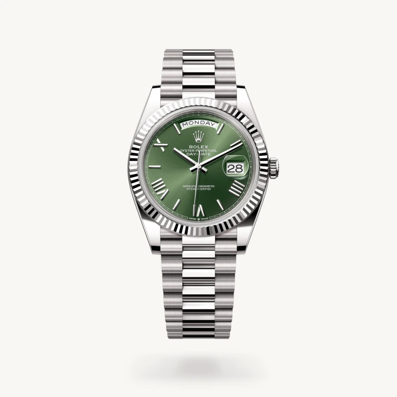 Rolex Day-Date 40 in 18 ct white gold with Olive green dial, Fluted bezel, and 18 ct white gold bracelet