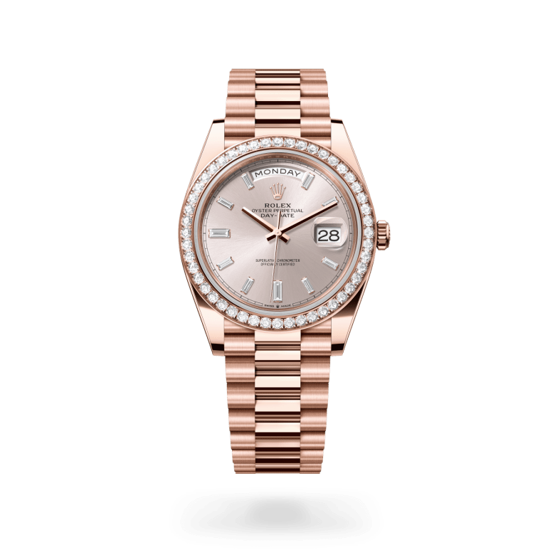 Rolex Day-Date in 18 ct Everose gold with Sundust set with diamonds dial, Set with diamonds bezel, and President, semi-circular three-piece links bracelet