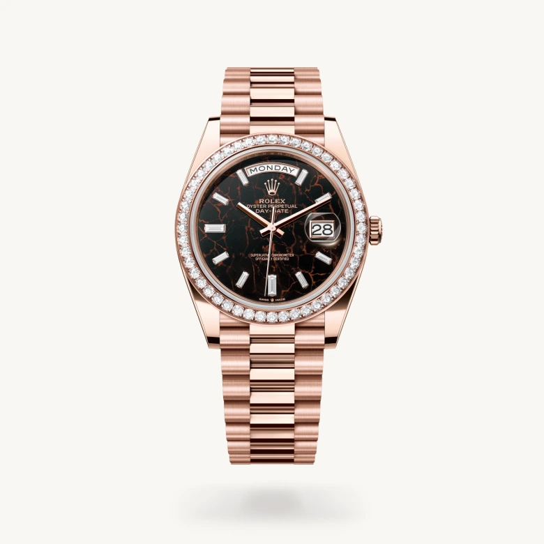 Rolex Day-Date in 18 ct Everose gold with Eisenkiesel set with diamonds dial, Set with diamonds bezel, and President, semi-circular three-piece links bracelet