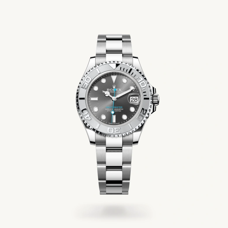 Rolex Yacht-Master 37 in Rolesium - combination of Oystersteel and platinum with Slate dial, Platinum bidirectional rotatable 60-minute graduated with raised numerals bezel, and Oystersteel bracelet