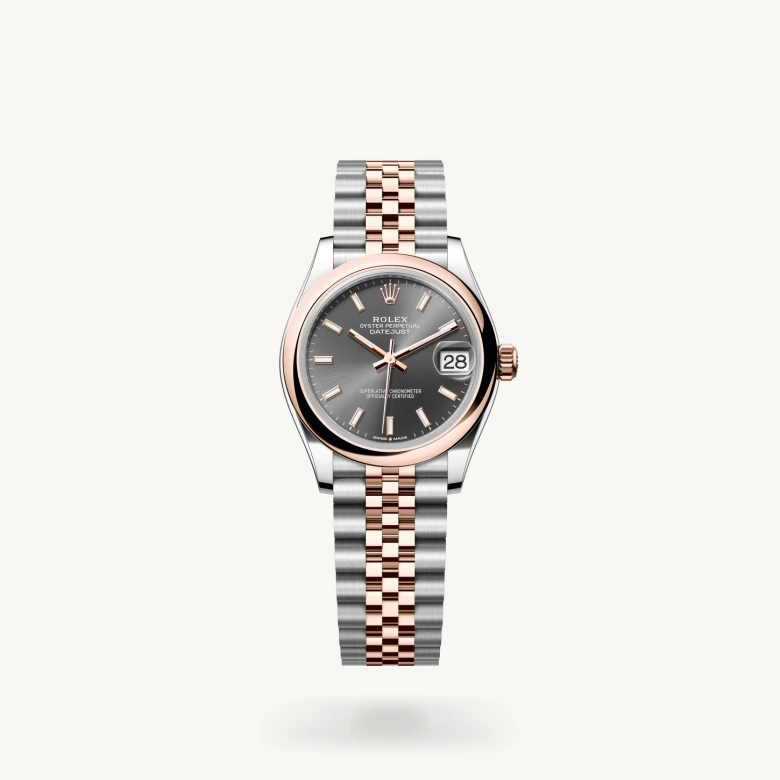 Rolex Datejust 31 in Everose Rolesor - combination of Oystersteel and Everose gold with Slate dial, Domed bezel, and Everose Rolesor - combination of Oystersteel and Everose gold bracelet