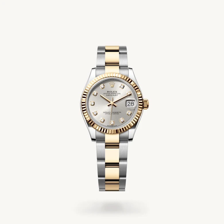 Rolex Datejust 31 in Yellow Rolesor - combination of Oystersteel and yellow gold with Silver set with diamonds dial, Fluted bezel, and Yellow Rolesor - combination of Oystersteel and yellow gold bracelet