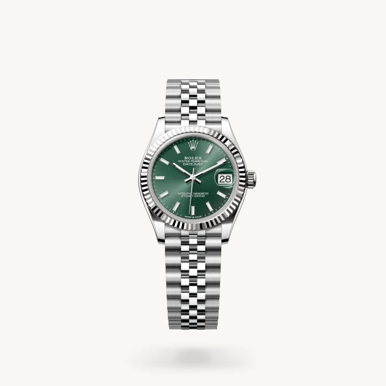 Rolex Datejust 31 in White Rolesor - combination of Oystersteel and white gold with Mint green dial, Fluted bezel, and Oystersteel bracelet