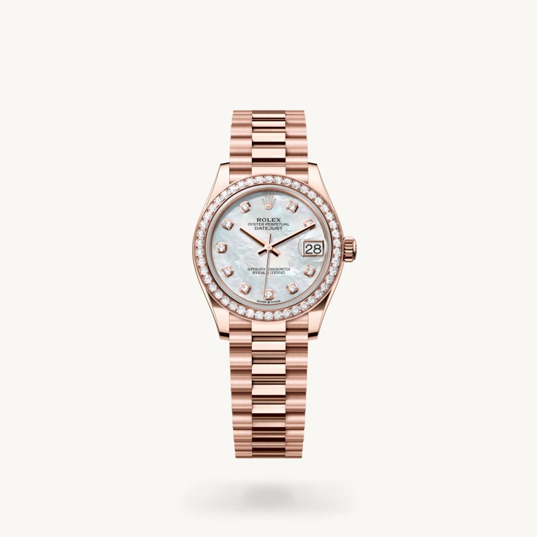 Rolex Datejust 31 in 18 ct Everose gold with White mother-of-pearl set with diamonds dial, Set with diamonds bezel, and 18 ct Everose gold bracelet