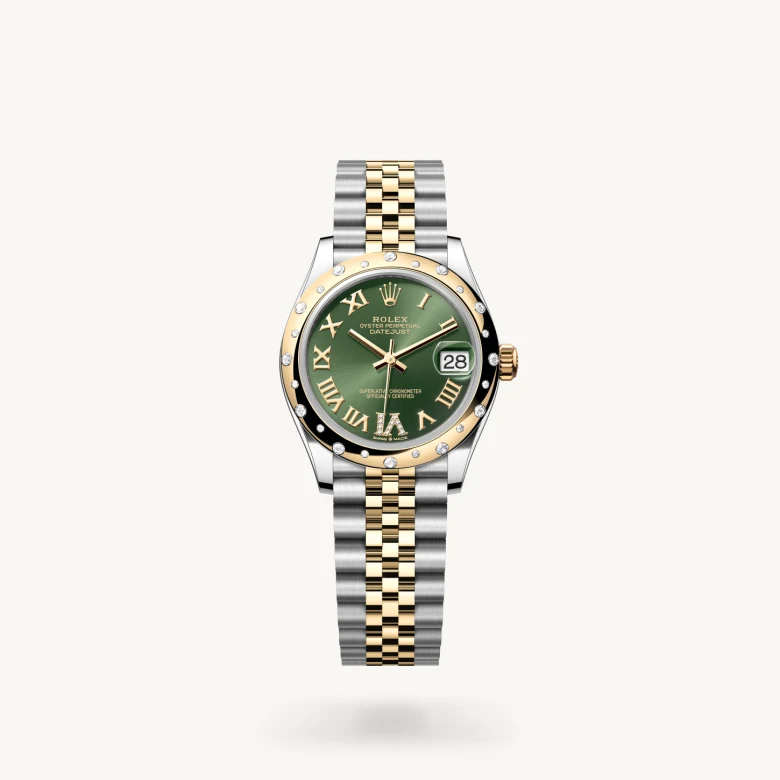 Rolex Datejust 31 in Yellow Rolesor - combination of Oystersteel and yellow gold with Olive green set with diamonds dial, Domed, set with diamonds bezel, and Yellow Rolesor - combination of Oystersteel and yellow gold bracelet