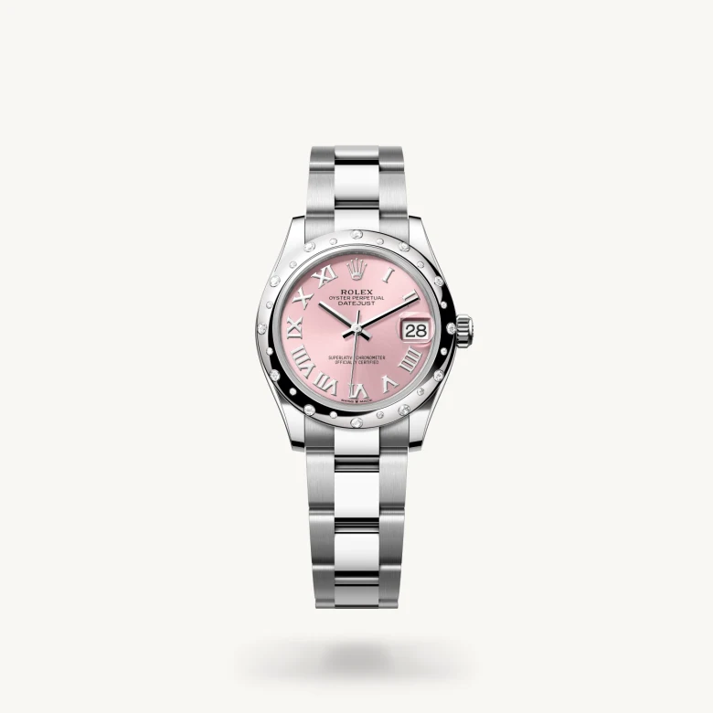 Rolex Datejust 31 in White Rolesor - combination of Oystersteel and white gold with Pink dial, Domed, set with diamonds bezel, and Oystersteel bracelet