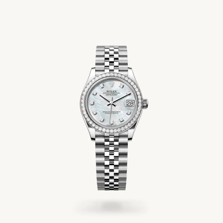 Rolex Datejust 31 in White Rolesor - combination of Oystersteel and white gold with White mother-of-pearl set with diamonds dial, Set with diamonds bezel, and Oystersteel bracelet