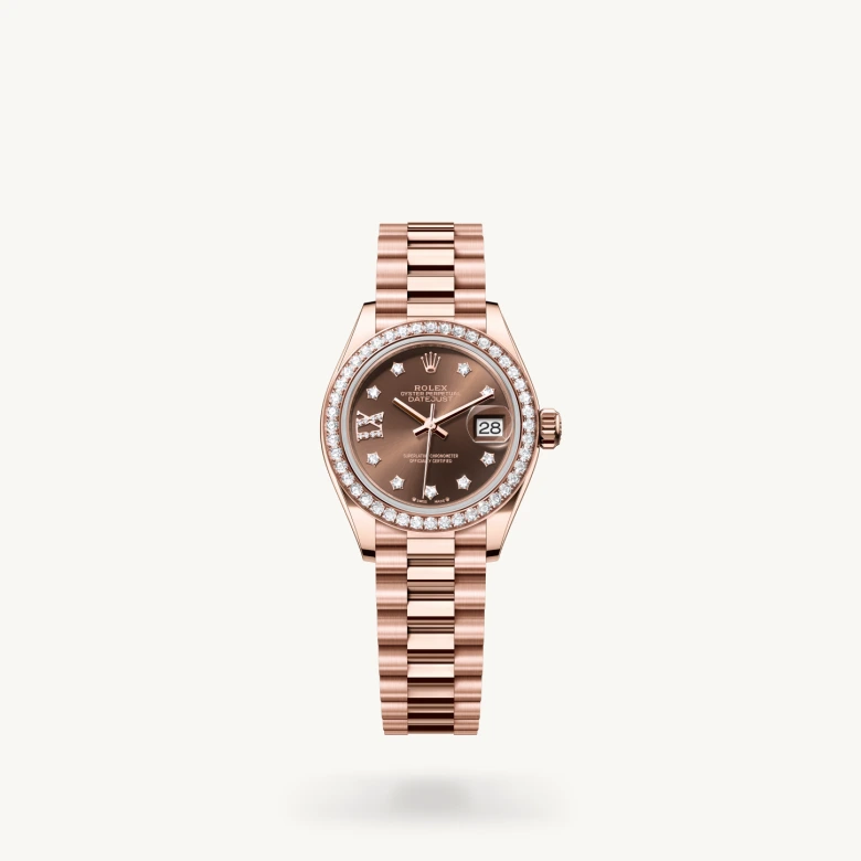 Rolex Lady-Datejust in 18 ct Everose gold with Chocolate set with diamonds dial, Set with diamonds bezel, and 18 ct Everose gold bracelet