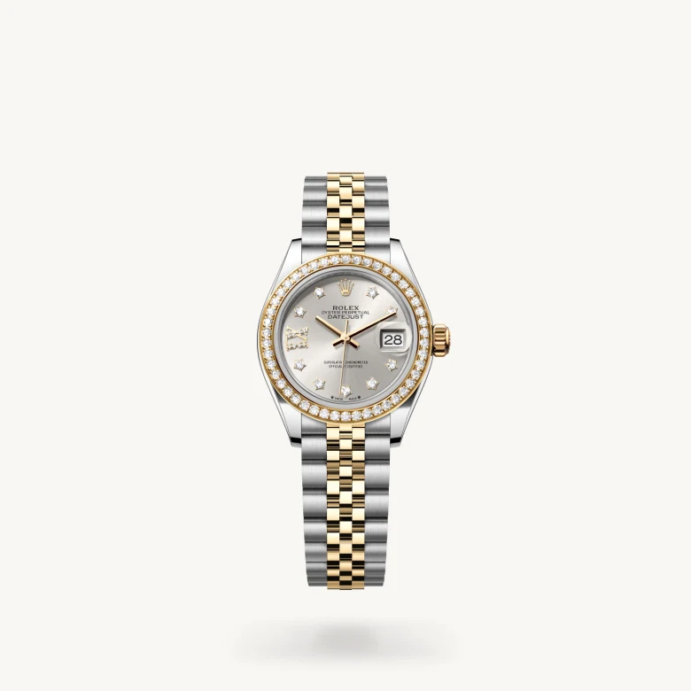 Rolex Lady-Datejust in Yellow Rolesor - combination of Oystersteel and yellow gold with Silver set with diamonds dial, Set with diamonds bezel, and Yellow Rolesor - combination of Oystersteel and yellow gold bracelet