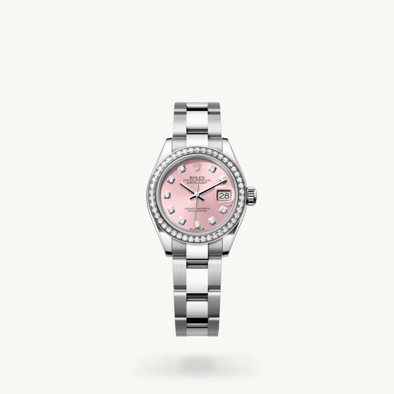 Rolex Lady-Datejust in White Rolesor - combination of Oystersteel and white gold with Pink set with diamonds dial, Set with diamonds bezel, and Oystersteel bracelet