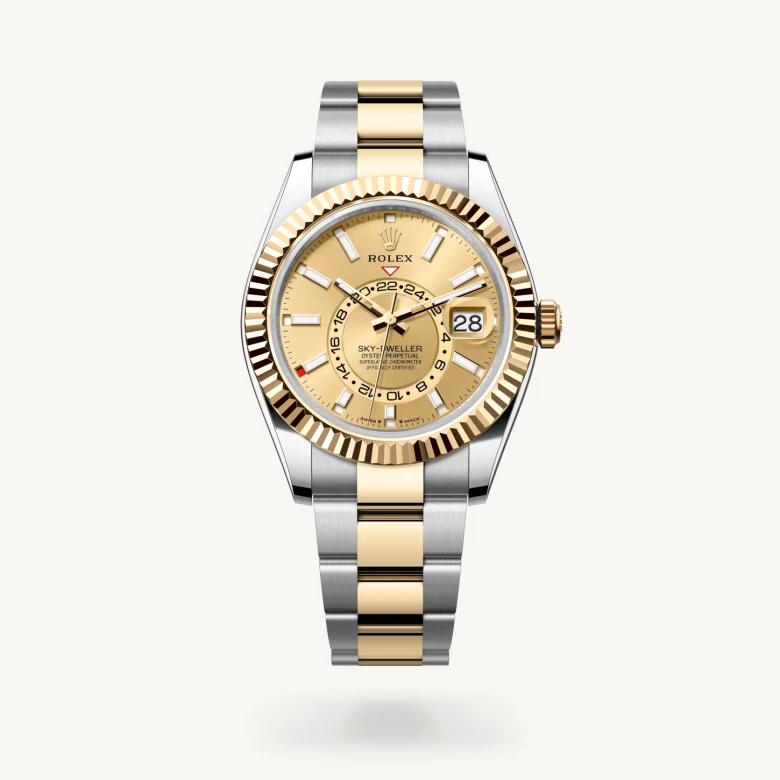 Rolex Sky-Dweller in Yellow Rolesor - combination of Oystersteel and yellow gold with Champagne-colour dial, Fluted, bidirectional rotatable Rolex Ring Command bezel, and Yellow Rolesor - combination of Oystersteel and yellow gold bracelet