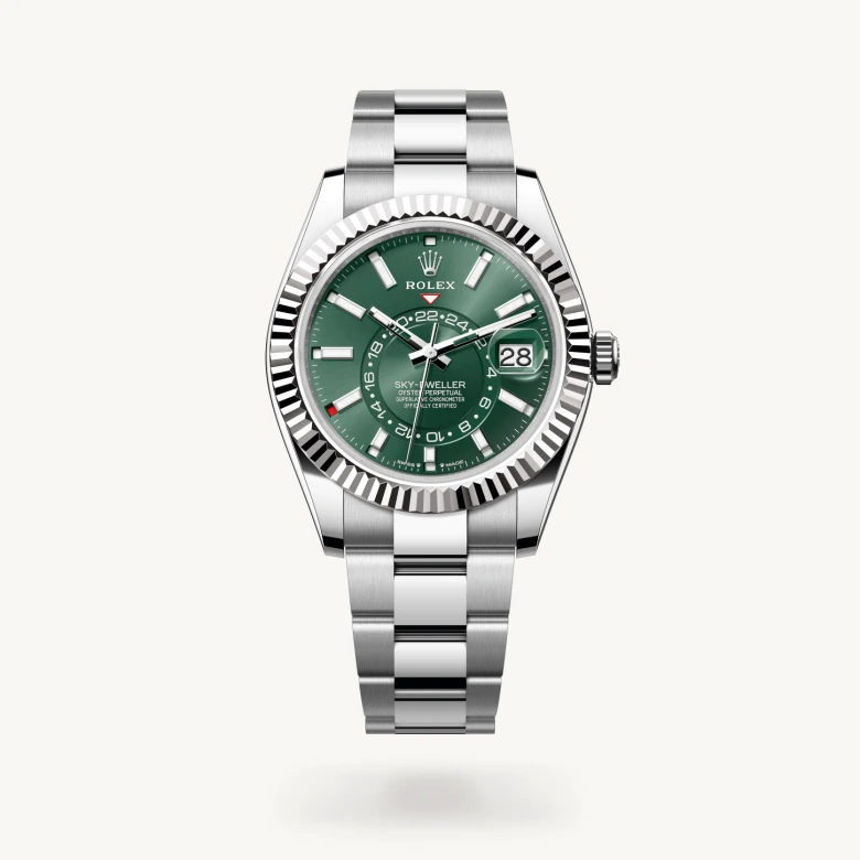 Rolex Sky-Dweller in White Rolesor - combination of Oystersteel and white gold with Mint green dial, Fluted, bidirectional rotatable Rolex Ring Command bezel, and Oystersteel bracelet