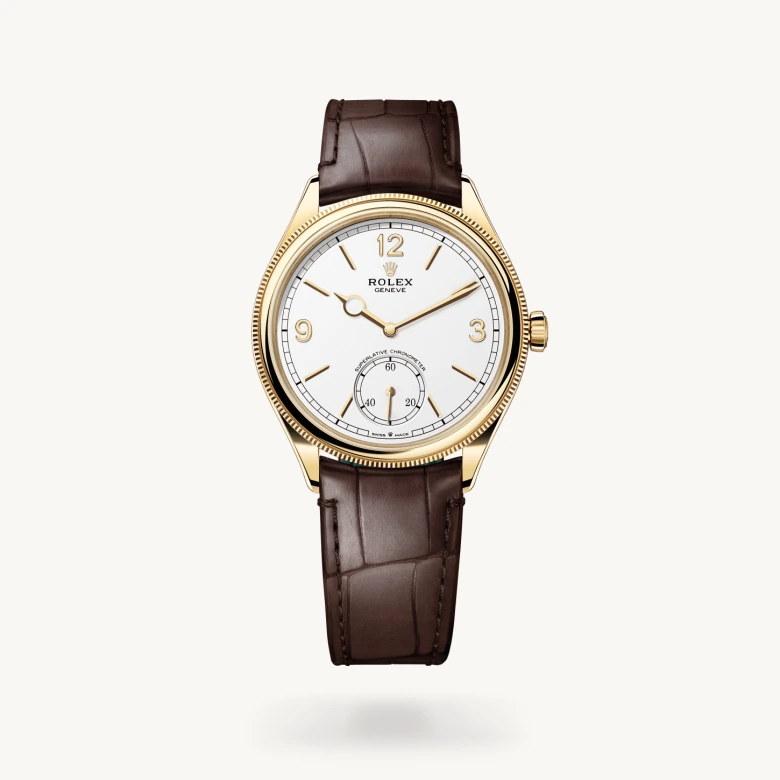 Rolex 1908 in 18 ct yellow gold with Intense white dial, Domed and fluted bezel, and Matt brown alligator leather bracelet